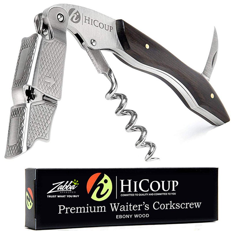 HiCoup Kitchenware Hicoup Wine Opener - Professional Corkscrews for Wine Bottles w/Foil Cutter and Cap Remover - Manual Wine Key for Servers, Waiters, Bartenders and Home Use - Ebony Wood - Image 1