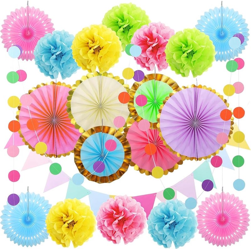 مروحة ورقية لامعة بألوان الباستيل ومجموعة بوم بوم من المناديل لتزيين حفلات أعياد الميلاد - Image 2