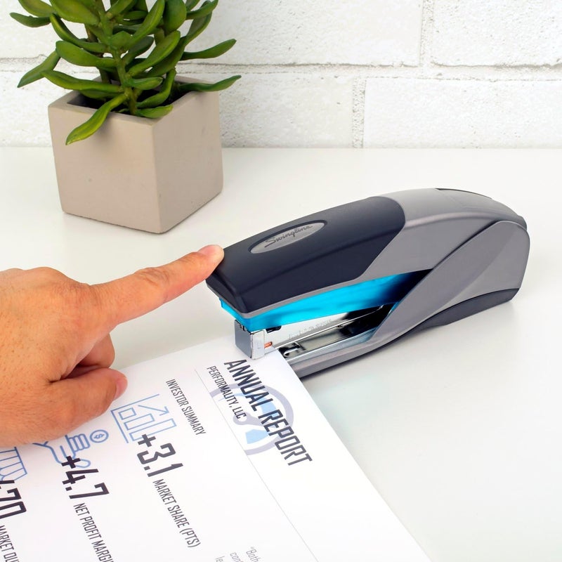 Swingline Optima 25 Stapler - 25 Sheet Capacity, Jam Free, Reduced Effort, Soft Grip, Blue and Gray - Image 3