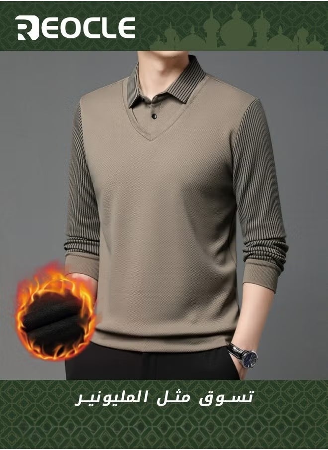 REOCLE Men's Fall Winter Striped Knitted Shirt Casual & Formal Fit Shirt Fake Two-Piece Long-Sleeved Khaki - Image 1