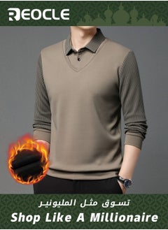 REOCLE Men's Fall Winter Striped Knitted Shirt Casual & Formal Fit Shirt Fake Two-Piece Long-Sleeved Khaki  - Image 1