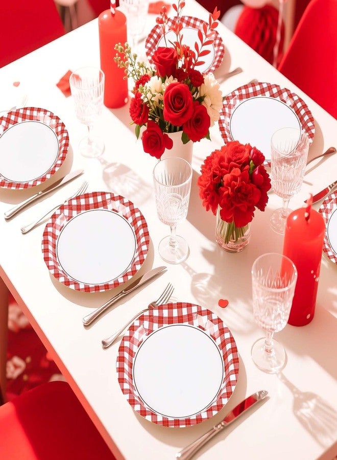 Grencian 50 Pcs Red and White Gingham Paper Plates 9" Heavy Duty Red Gingham Checkered Plaid Dessert Plates Disposable Gingham Party Supplies for Summer Pizza BBQ Picnic Baby Shower Birthday Party Decorations - Image 5