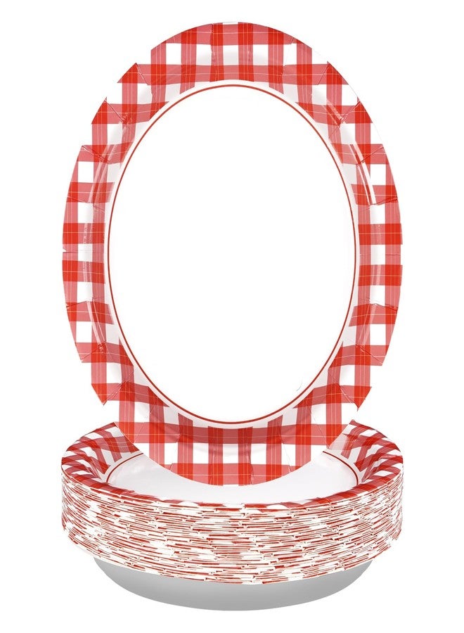 Grencian 50 Pcs Red and White Gingham Paper Plates 9" Heavy Duty Red Gingham Checkered Plaid Dessert Plates Disposable Gingham Party Supplies for Summer Pizza BBQ Picnic Baby Shower Birthday Party Decorations - Image 1
