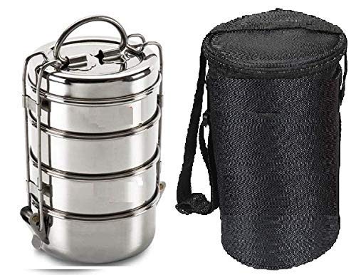 FUTENSILS Manav 4-Tier Stainless Steel Tiffin Box Lunch Box with Bag (6x4, 1540ml, Dia-10.2Cm, 480 Grams, Silver), Leakproof, Heat Resistance. Office Pack - Image 1