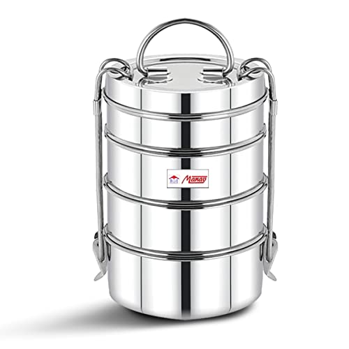 FUTENSILS Manav 4-Tier Stainless Steel Tiffin Box Lunch Box with Bag (6x4, 1540ml, Dia-10.2Cm, 480 Grams, Silver), Leakproof, Heat Resistance. Office Pack - Image 2