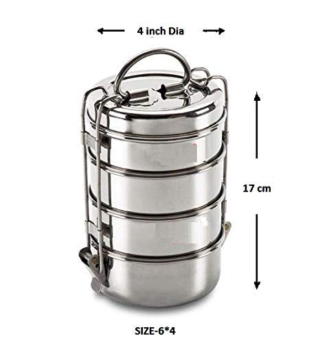 FUTENSILS Manav 4-Tier Stainless Steel Tiffin Box Lunch Box with Bag (6x4, 1540ml, Dia-10.2Cm, 480 Grams, Silver), Leakproof, Heat Resistance. Office Pack - Image 4