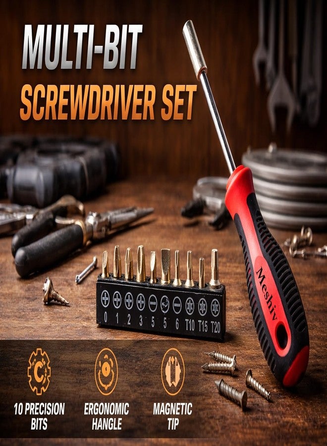 Meshiv 10-Piece Magnetic Screwdriver & Bit Set, Strong Magnetic Bit Holder and Screwdriver Bits, Durable & Versatile, Ergonomic Cushion Grip 210mm Handles, Torx, Square, Phillips, Slotted Bits (Red) - Image 2