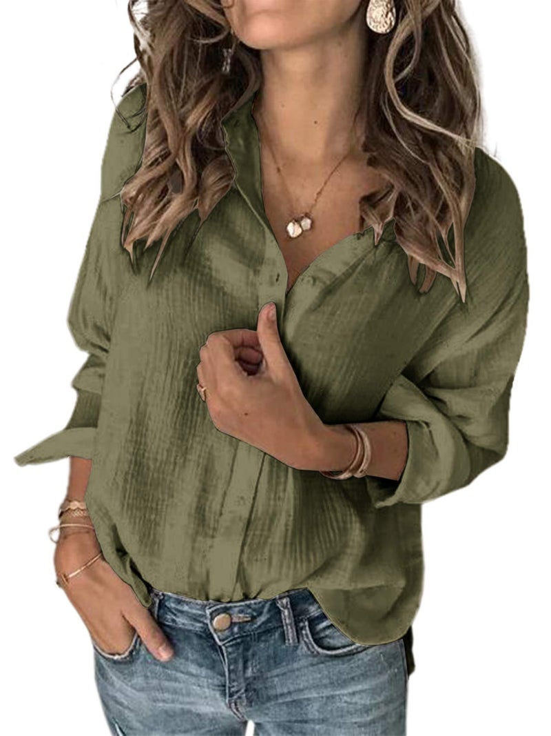 Karlywindow Womens Long Sleeve Button Down Cotton Linen Shirt Blouse Loose Fit Casual V-Neck Tops Army Green - Image 2