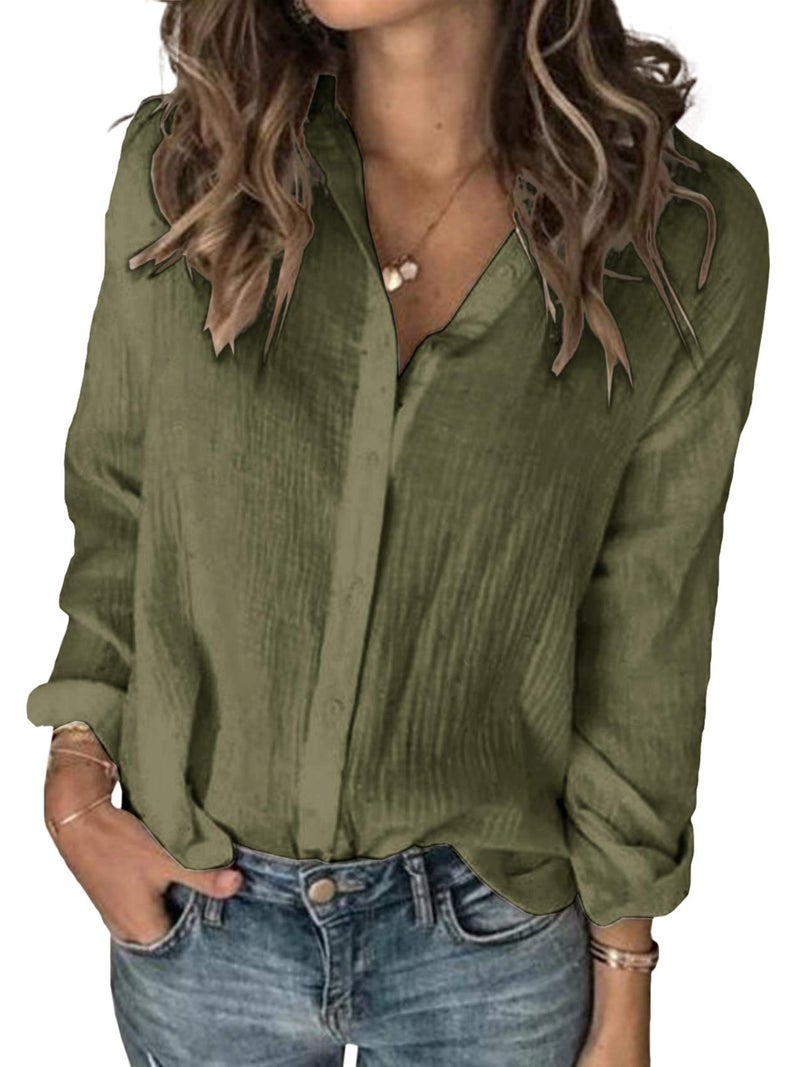 Karlywindow Womens Long Sleeve Button Down Cotton Linen Shirt Blouse Loose Fit Casual V-Neck Tops Army Green - Image 5