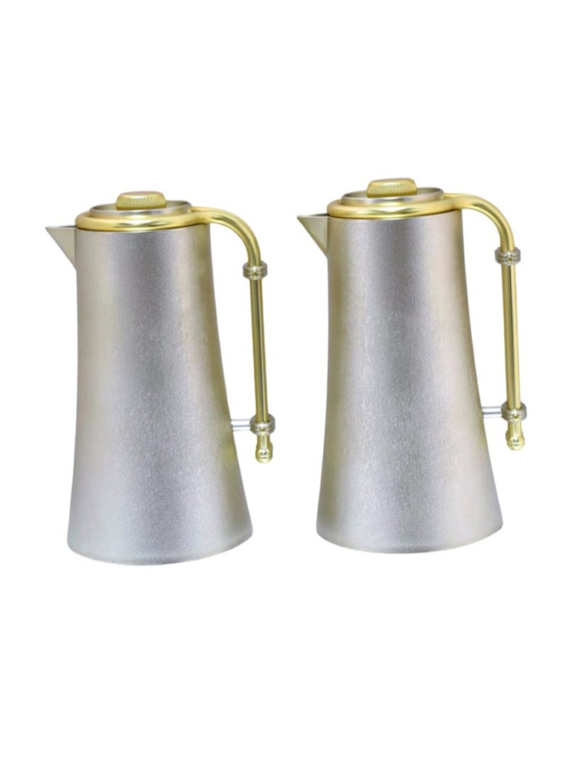 Al Saif Thermos Set, 2 Pieces, Silver with Gold Accents, 1 Liter