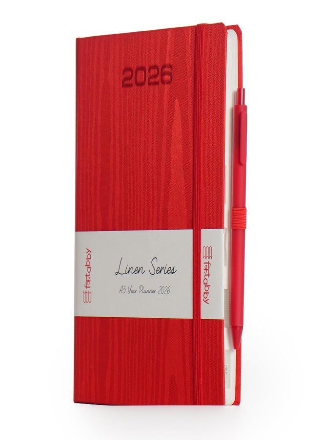 Kitabby - Linen Series | 2026 New Year Diary & Planner with Pen | A5 Size | One-Day-to-a-Page with Thumb-Cut Indexes | 424 pages | Satin Fabric Cover Material with Moiré Pattern | (Red) - Image 1