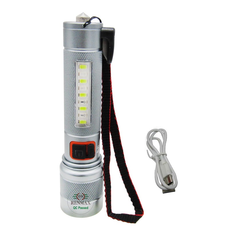 RENMAX RENMAX Bright Beam Focus Zoom Torch 5Light Modes with Red Blue Blinker Rainproof Rechargeable 2000mAh Liion Battery Annodised Metal Body 1 Pc 135 CM Silver Black 800 Lumen  - Image 1