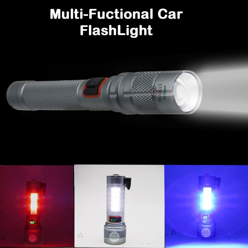 RENMAX RENMAX Bright Beam Focus Zoom Torch 5Light Modes with Red Blue Blinker Rainproof Rechargeable 2000mAh Liion Battery Annodised Metal Body 1 Pc 135 CM Silver Black 800 Lumen  - Image 4