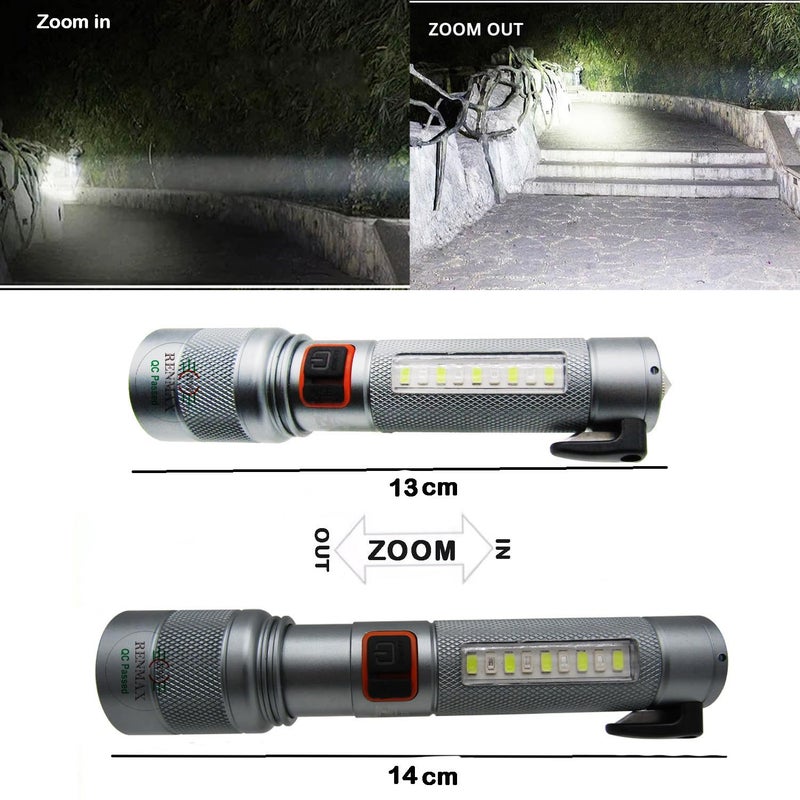 RENMAX RENMAX Bright Beam Focus Zoom Torch 5Light Modes with Red Blue Blinker Rainproof Rechargeable 2000mAh Liion Battery Annodised Metal Body 1 Pc 135 CM Silver Black 800 Lumen  - Image 3