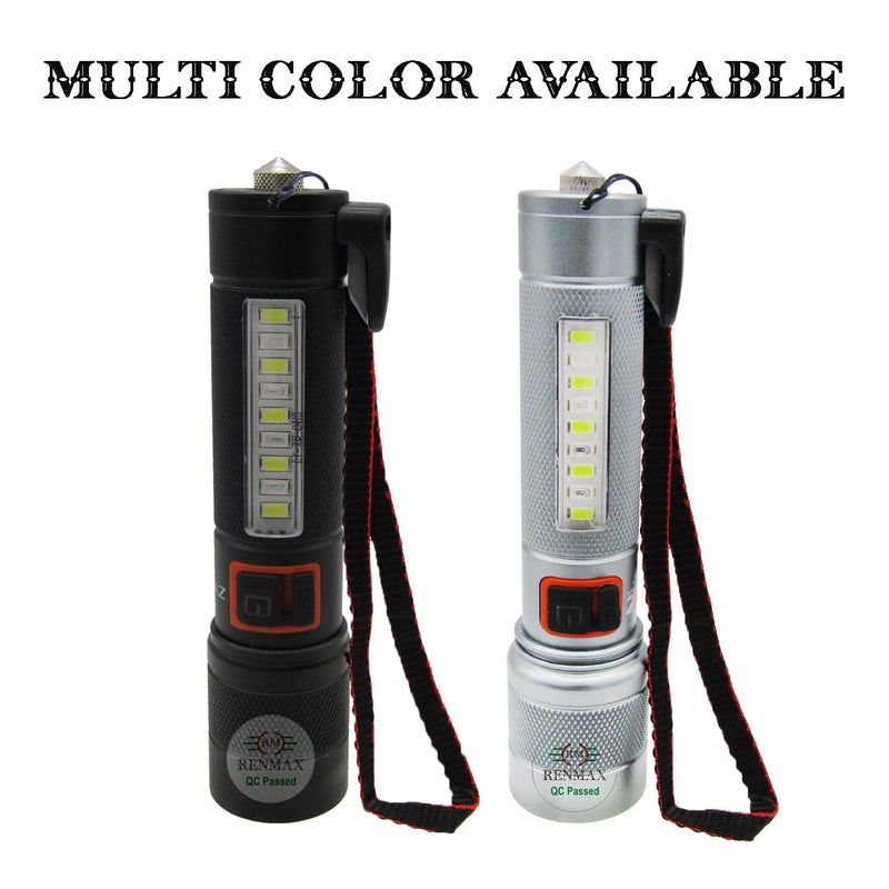 RENMAX RENMAX Bright Beam Focus Zoom Torch 5Light Modes with Red Blue Blinker Rainproof Rechargeable 2000mAh Liion Battery Annodised Metal Body 1 Pc 135 CM Silver Black 800 Lumen  - Image 5