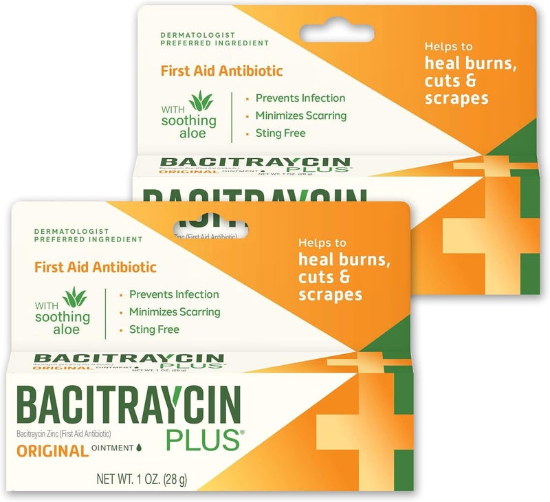 Bacitraycin Plus First Aid Antibiotic Wound Healing Ointment for Minor Cuts, Scrapes and Burns, with Bacitracin Zinc and Moisturizing Aloe Vera, Original, 1 oz, 2 Pack - Image 1