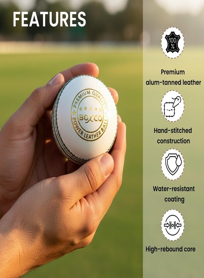 BOXCO Power White Leather Cricket Ball (Pack of 1) | Four Piece Hand-Stitched Seam Match Grade for T20, ODI & Test - Image 2