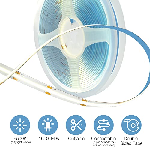 DAYBETTER COB LED Strip, 16.4 ft White LED Strip Lights, Dimmable LED Light Strip 6500K Bright Daylight White, 24V, 1600LEDs, 2835 Flexible LED Tape Light for TV, Bedroom, Kitchen Cabinet, Closet - Image 5