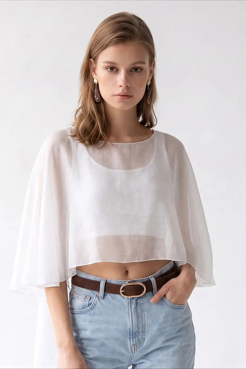Mixray MIXRAY Loose Chiffon Crew Neck Blouse