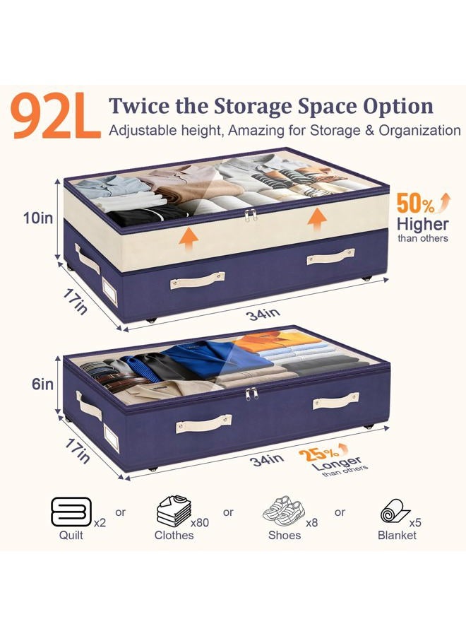 Dolicer Under Bed Storage with Wheels,10in Height Adjustable Underbed Storage Containers with Clear Lids & Handles,92L Under Bed Drawers Rolling Bin for Dorm Shoes Clothes Organizers(Blue,2Pack) - Image 3