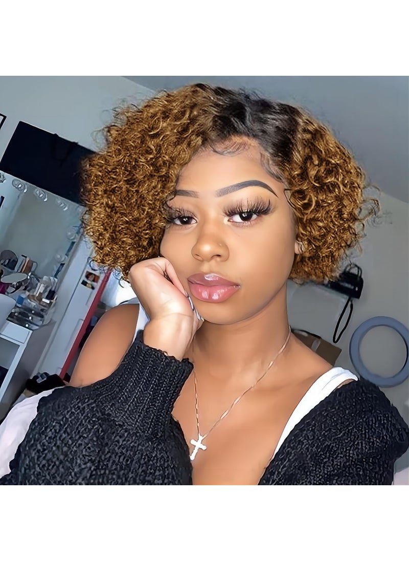 Quantum Love - Quantum Love Human Hair Wigs Curly Wave Side Part Wig Short Bob Pixie Cut Brazilian Remy Human Hair Deep Curly None Lace Front Wigs for Women Ombre Black Brown Color - Image 1