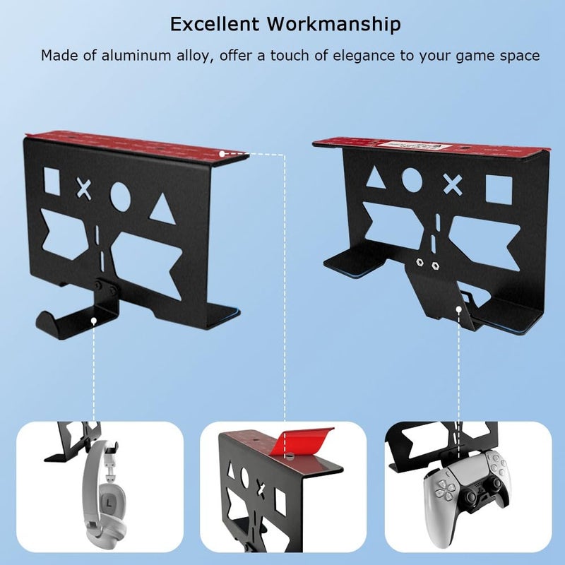 Chanvoo Aluminum Under Desk Mount for PS5/PS5 Slim/ PS5 Pro Digital & Disc, Securing Under Desk Bracket with Detachable Controller & Headphone Holder Kit No Drill (Black) - Image 5