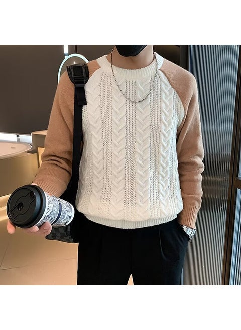 Loose round Neck Knitwear Mens Base Layer Sweater Autumn Winter Lazy Style Inner Wear Trendy Long Sleeve Polyester Blend Apricot