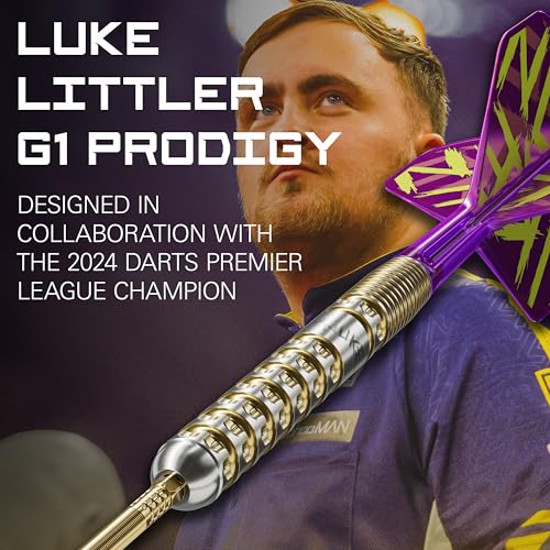 Target Darts Luke Littler Gen 1 Prodigy Steel Tip Swiss Point Darts, 90% Tungsten Darts, 23G | Generation 1 Gold Steel Tip Darts, Player Edition Swiss Points Dart Sets, K-Flex Flights and Shafts - Image 2