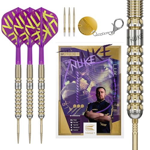 Target Darts Luke Littler Gen 1 Prodigy Steel Tip Swiss Point Darts, 90% Tungsten Darts, 23G | Generation 1 Gold Steel Tip Darts, Player Edition Swiss Points Dart Sets, K-Flex Flights and Shafts - Image 1