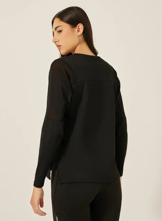 Styli Mesh Insert Side Slit Long Sleeve Top