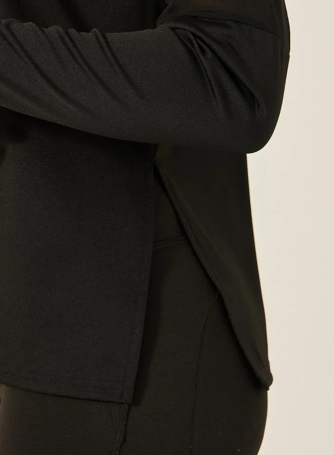 Styli Mesh Insert Side Slit Long Sleeve Top