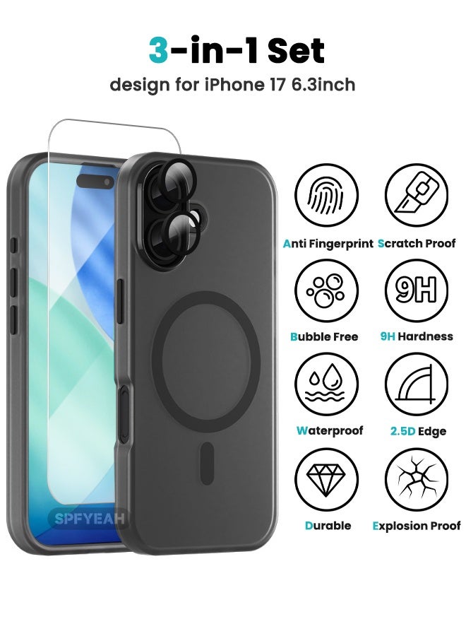SPFYEAH [3-in-1] iPhone 17 Case with HD Tempered Glass Screen Protector & Camera Lens Protector, MagSafe Compatible, Shockproof Anti-Drop & Slip, Slim Skin Friendly Frosted Hard Case for iPhone 17 6.3 inch, Translucent Black - Image 2