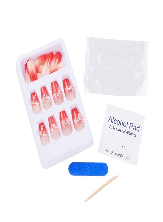 شيري بوكس أظافر تشيري بوكس 24 لامعة مزينة بالزهور واللؤلؤ والماس، أظافر صناعية للعرائس، أظافر صناعية، مانيكير صالون، فن الأظافر الأكريليك للنساء والفتيات، أحمر وأبيض (يتضمن لاصق جيلي وغراء) - Image 5