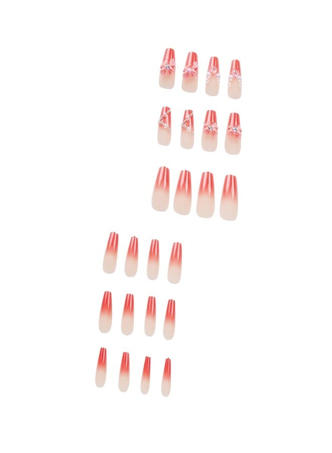 شيري بوكس أظافر تشيري بوكس 24 لامعة مزينة بالزهور واللؤلؤ والماس، أظافر صناعية للعرائس، أظافر صناعية، مانيكير صالون، فن الأظافر الأكريليك للنساء والفتيات، أحمر وأبيض (يتضمن لاصق جيلي وغراء) - Image 4