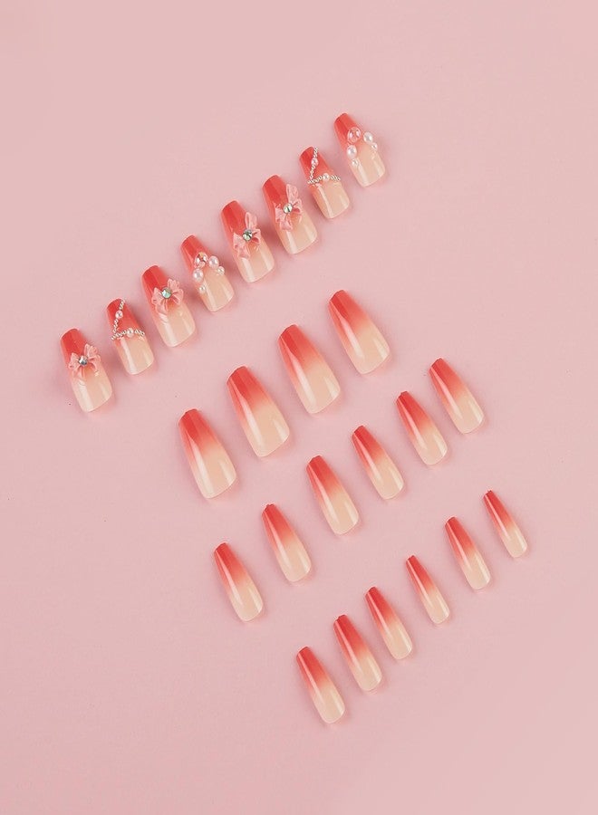 شيري بوكس أظافر تشيري بوكس 24 لامعة مزينة بالزهور واللؤلؤ والماس، أظافر صناعية للعرائس، أظافر صناعية، مانيكير صالون، فن الأظافر الأكريليك للنساء والفتيات، أحمر وأبيض (يتضمن لاصق جيلي وغراء) - Image 3