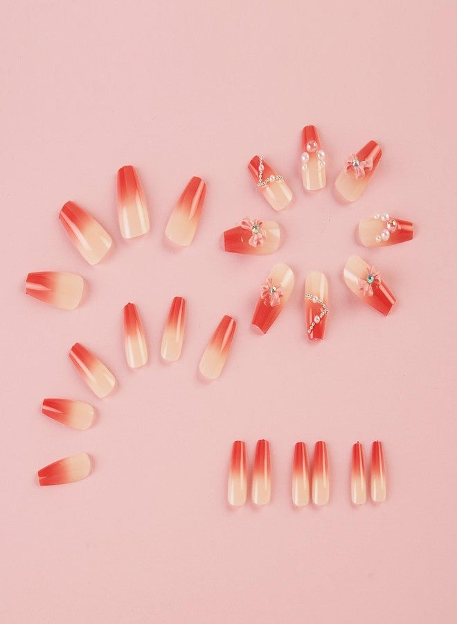 شيري بوكس أظافر تشيري بوكس 24 لامعة مزينة بالزهور واللؤلؤ والماس، أظافر صناعية للعرائس، أظافر صناعية، مانيكير صالون، فن الأظافر الأكريليك للنساء والفتيات، أحمر وأبيض (يتضمن لاصق جيلي وغراء) - Image 2