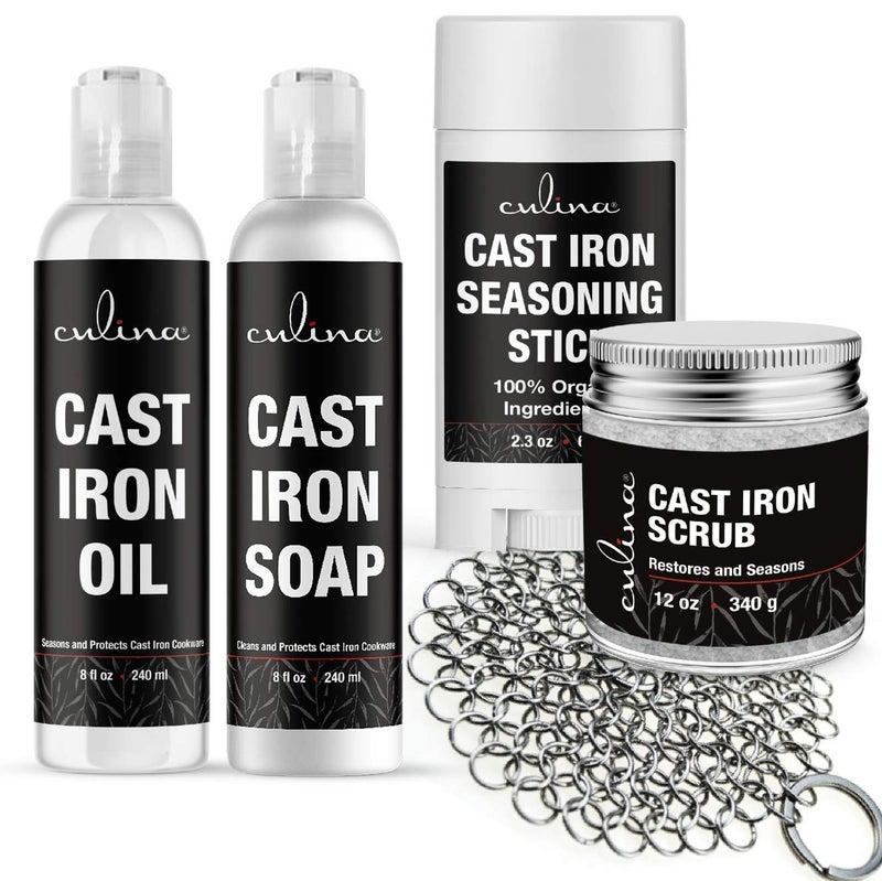 Culina Cast Iron Seasoning Stick & Soap & Oil Conditioner & Restoring Scrub & Stainless Scrubber | All Natural Ingredients | Best for Cleaning, Non-stick Cooking & Restoring | Cast Iron Cookware - Image 1