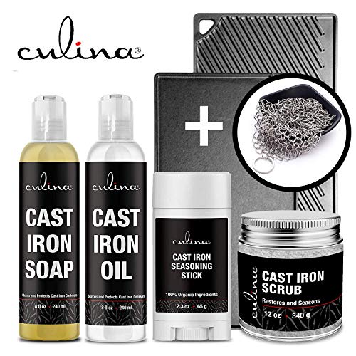 Culina Cast Iron Seasoning Stick & Soap & Oil Conditioner & Restoring Scrub & Stainless Scrubber | All Natural Ingredients | Best for Cleaning, Non-stick Cooking & Restoring | Cast Iron Cookware - Image 3