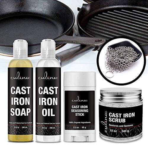 Culina Cast Iron Seasoning Stick & Soap & Oil Conditioner & Restoring Scrub & Stainless Scrubber | All Natural Ingredients | Best for Cleaning, Non-stick Cooking & Restoring | Cast Iron Cookware - Image 5
