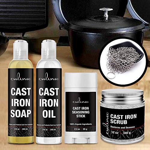 Culina Cast Iron Seasoning Stick & Soap & Oil Conditioner & Restoring Scrub & Stainless Scrubber | All Natural Ingredients | Best for Cleaning, Non-stick Cooking & Restoring | Cast Iron Cookware - Image 4