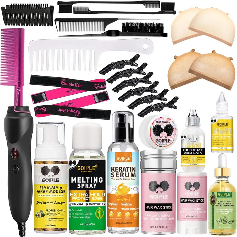 Goiple Hot Comb Hair Straightener Heat Pressing Combs Electrical Straightening Comb for Natural Black Hair Wigs, Electric Hot Comb for Lace Front Wigs, Hot Comb Set with Lace Melting Spray Wig Glue Kit