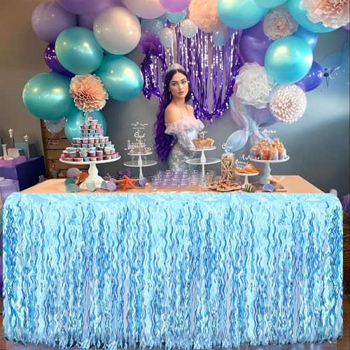 BUDICOOL 2 Pack Teal Blue Shiny Wavy Tinsel Foil Fringe Table Skirts Table Decorations for Mermaid Birthday Decorations,Under The Sea Party Decorations,Baby Shark Birthday Decorations - Image 5