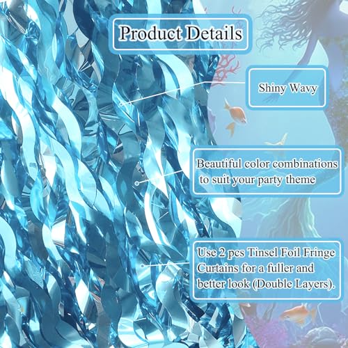BUDICOOL 2 Pack Teal Blue Shiny Wavy Tinsel Foil Fringe Table Skirts Table Decorations for Mermaid Birthday Decorations,Under The Sea Party Decorations,Baby Shark Birthday Decorations - Image 4
