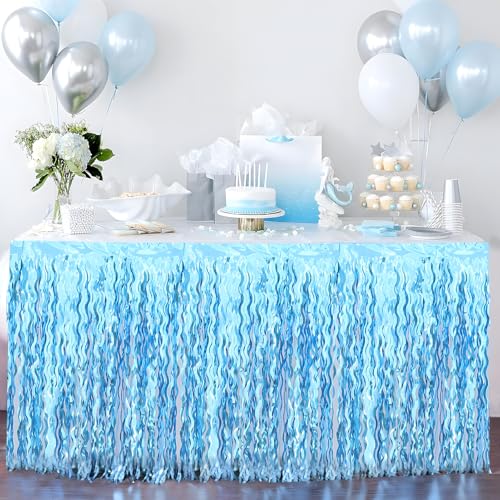 BUDICOOL 2 Pack Teal Blue Shiny Wavy Tinsel Foil Fringe Table Skirts Table Decorations for Mermaid Birthday Decorations,Under The Sea Party Decorations,Baby Shark Birthday Decorations - Image 1