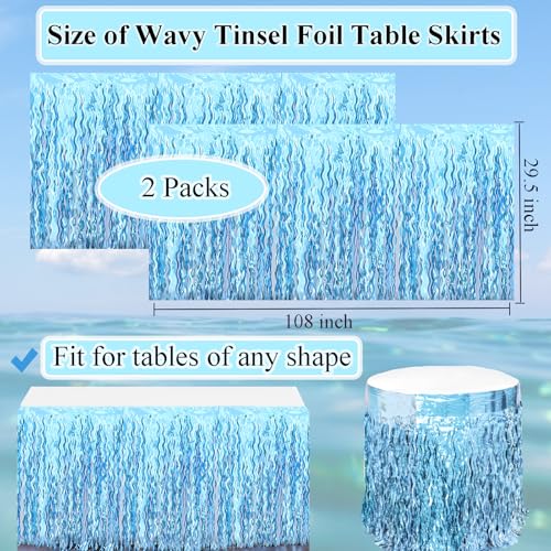 BUDICOOL 2 Pack Teal Blue Shiny Wavy Tinsel Foil Fringe Table Skirts Table Decorations for Mermaid Birthday Decorations,Under The Sea Party Decorations,Baby Shark Birthday Decorations - Image 3
