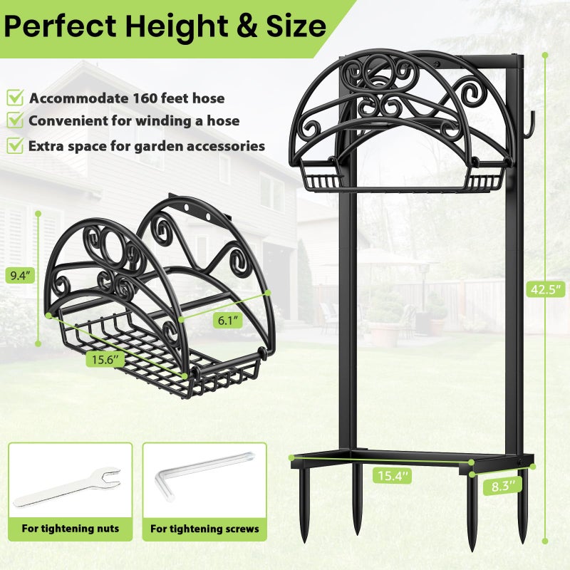 TomCare Garden Hose Holder Upgraded Water Hose Holder with Storage Basket Heavy Duty 4 Spikes Hose Hanger Holds 160 Feet Hoses Stable Freestanding Hose Storage Organizer for Outside Yard - Image 3