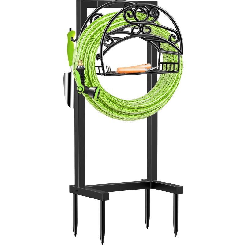 TomCare Garden Hose Holder Upgraded Water Hose Holder with Storage Basket Heavy Duty 4 Spikes Hose Hanger Holds 160 Feet Hoses Stable Freestanding Hose Storage Organizer for Outside Yard - Image 1