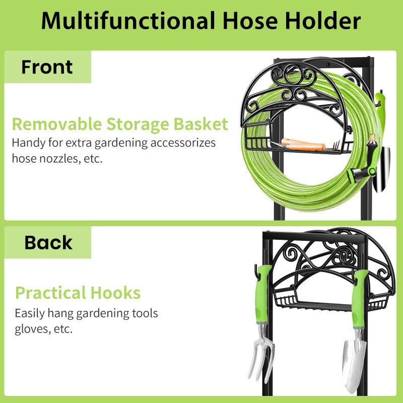 TomCare Garden Hose Holder Upgraded Water Hose Holder with Storage Basket Heavy Duty 4 Spikes Hose Hanger Holds 160 Feet Hoses Stable Freestanding Hose Storage Organizer for Outside Yard - Image 5