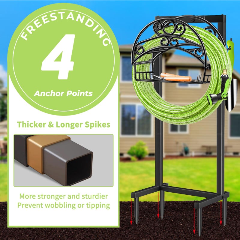 TomCare Garden Hose Holder Upgraded Water Hose Holder with Storage Basket Heavy Duty 4 Spikes Hose Hanger Holds 160 Feet Hoses Stable Freestanding Hose Storage Organizer for Outside Yard - Image 4