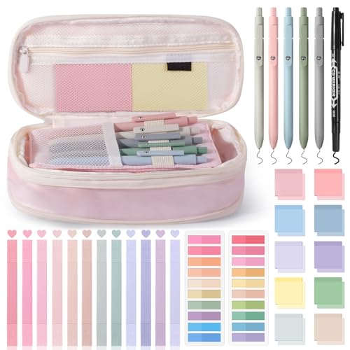 KOUDGY 49Pcs Book Annotation Kit Aesthetic School Supplies with Cute Pen Case Highlighters Gel Pens and Marker Sheets Transparent Index Tabs Sticky Notes Bible Study Supplies Pink - Image 1